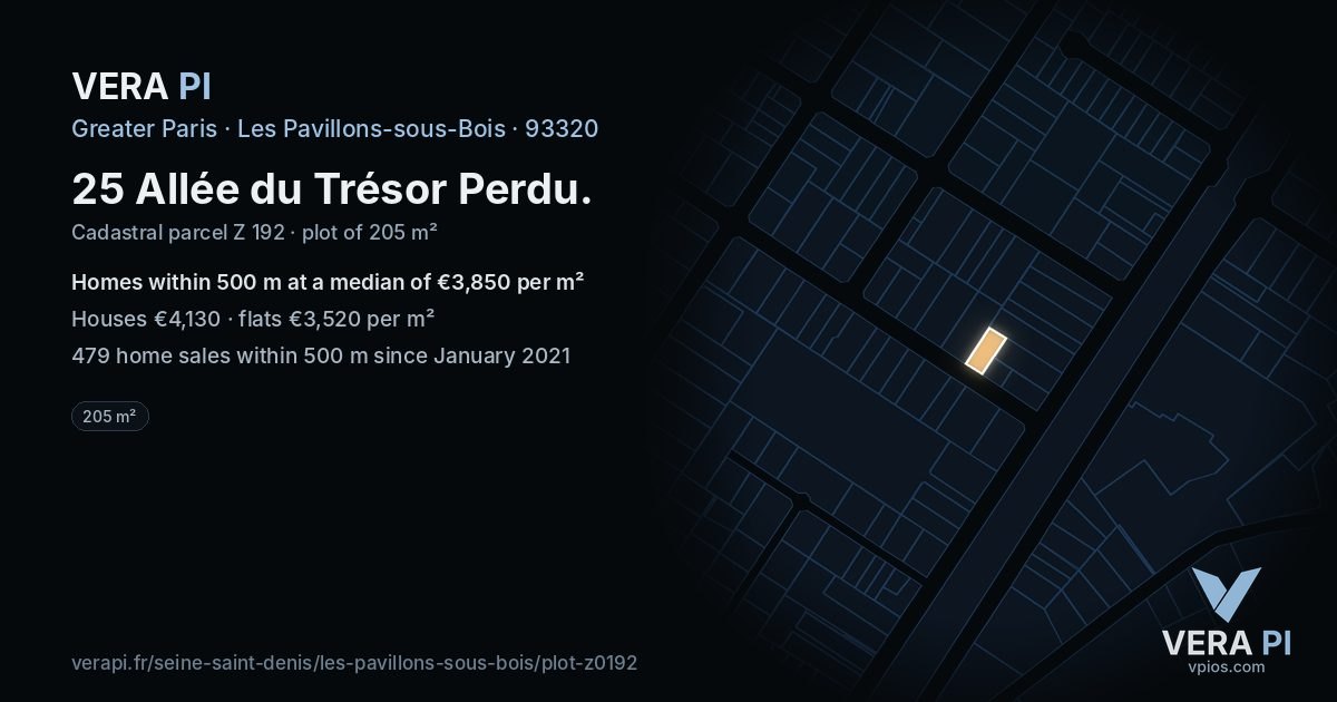 25 Allée du Trésor Perdu, Les Pavillons-sous-Bois at night – the plot lit, the parcels around coloured by the prices near them