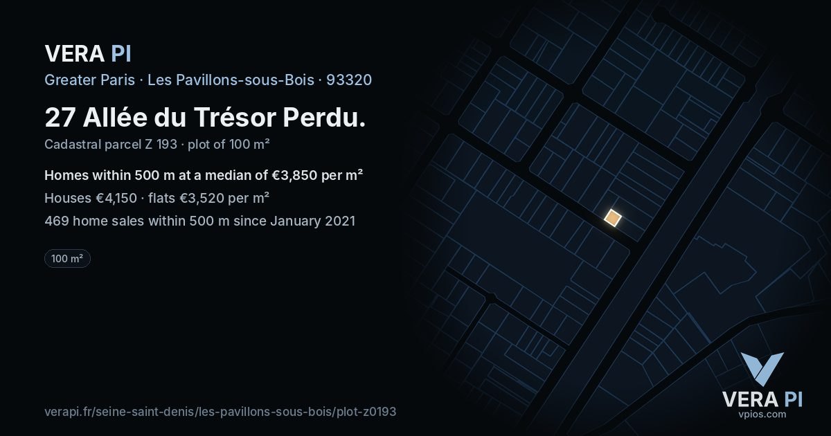 27 Allée du Trésor Perdu, Les Pavillons-sous-Bois at night – the plot lit, the parcels around coloured by the prices near them
