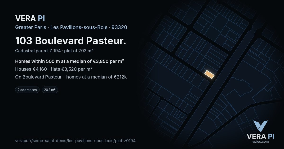 103 Boulevard Pasteur, Les Pavillons-sous-Bois at night – the plot lit, the parcels around coloured by the prices near them