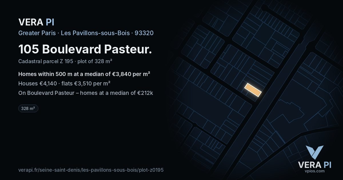 105 Boulevard Pasteur, Les Pavillons-sous-Bois at night – the plot lit, the parcels around coloured by the prices near them