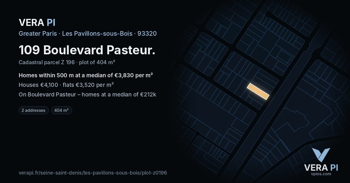 109 Boulevard Pasteur, Les Pavillons-sous-Bois at night – the plot lit, the parcels around coloured by the prices near them