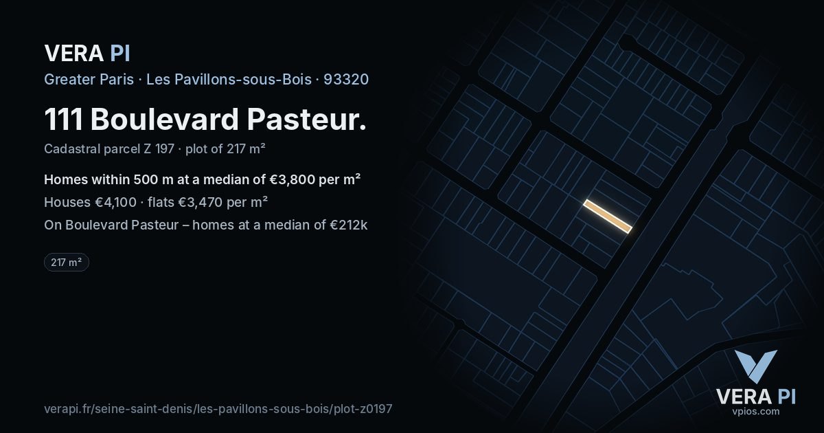 111 Boulevard Pasteur, Les Pavillons-sous-Bois at night – the plot lit, the parcels around coloured by the prices near them