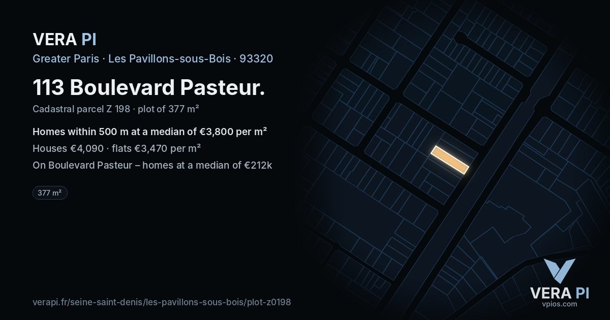 113 Boulevard Pasteur, Les Pavillons-sous-Bois at night – the plot lit, the parcels around coloured by the prices near them