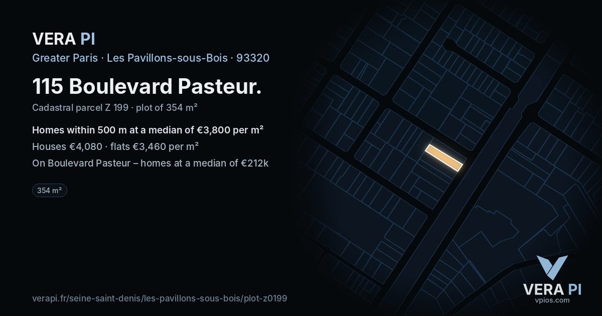 115 Boulevard Pasteur, Les Pavillons-sous-Bois at night – the plot lit, the parcels around coloured by the prices near them