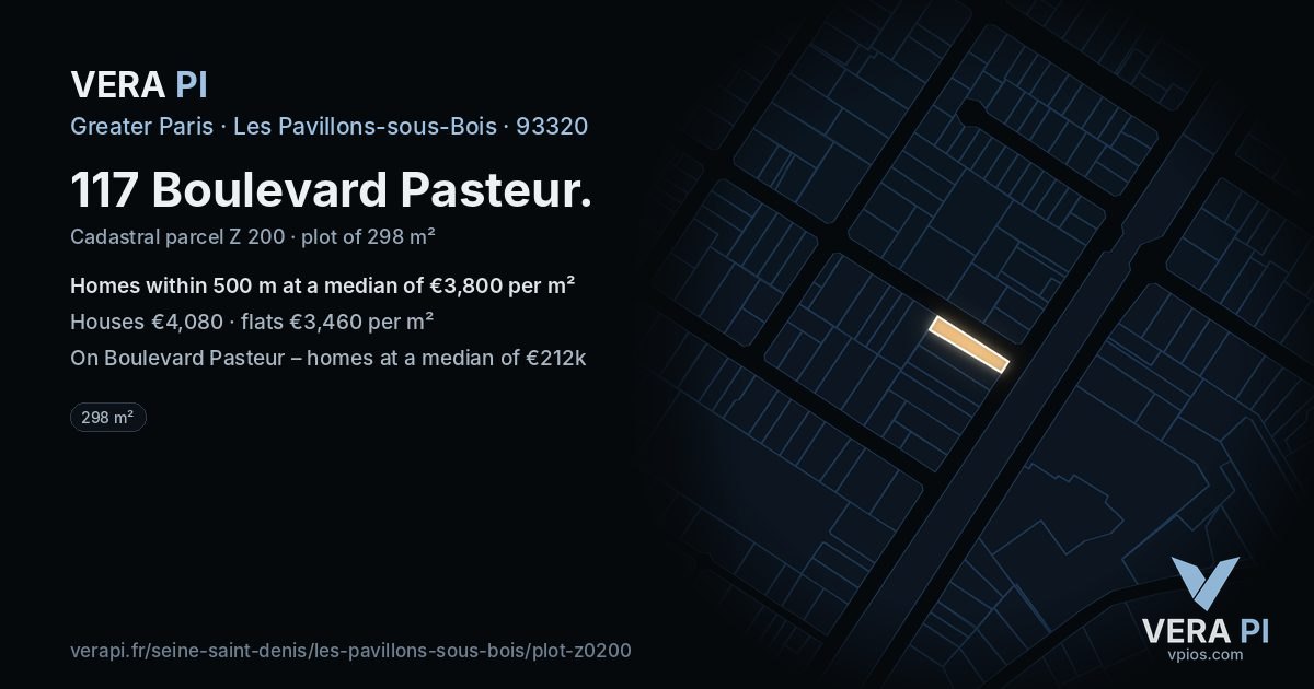 117 Boulevard Pasteur, Les Pavillons-sous-Bois at night – the plot lit, the parcels around coloured by the prices near them