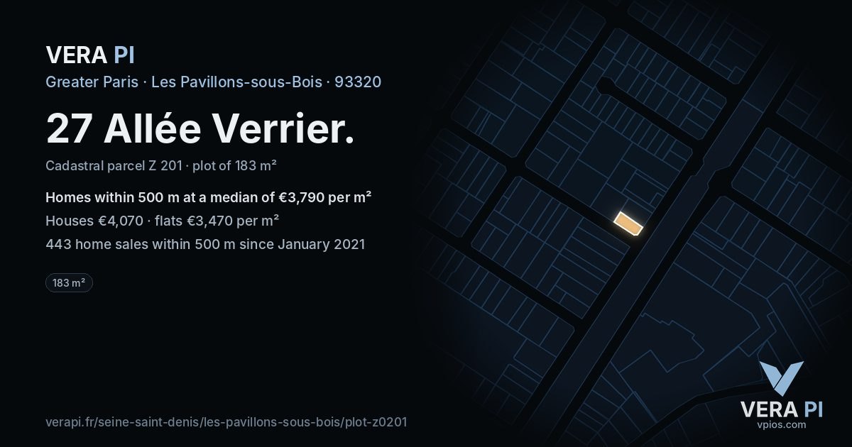 27 Allée Verrier, Les Pavillons-sous-Bois at night – the plot lit, the parcels around coloured by the prices near them