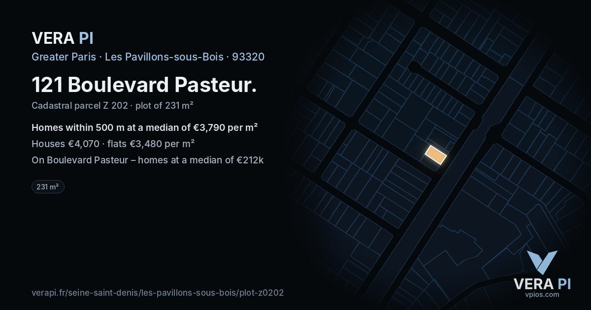 121 Boulevard Pasteur, Les Pavillons-sous-Bois at night – the plot lit, the parcels around coloured by the prices near them