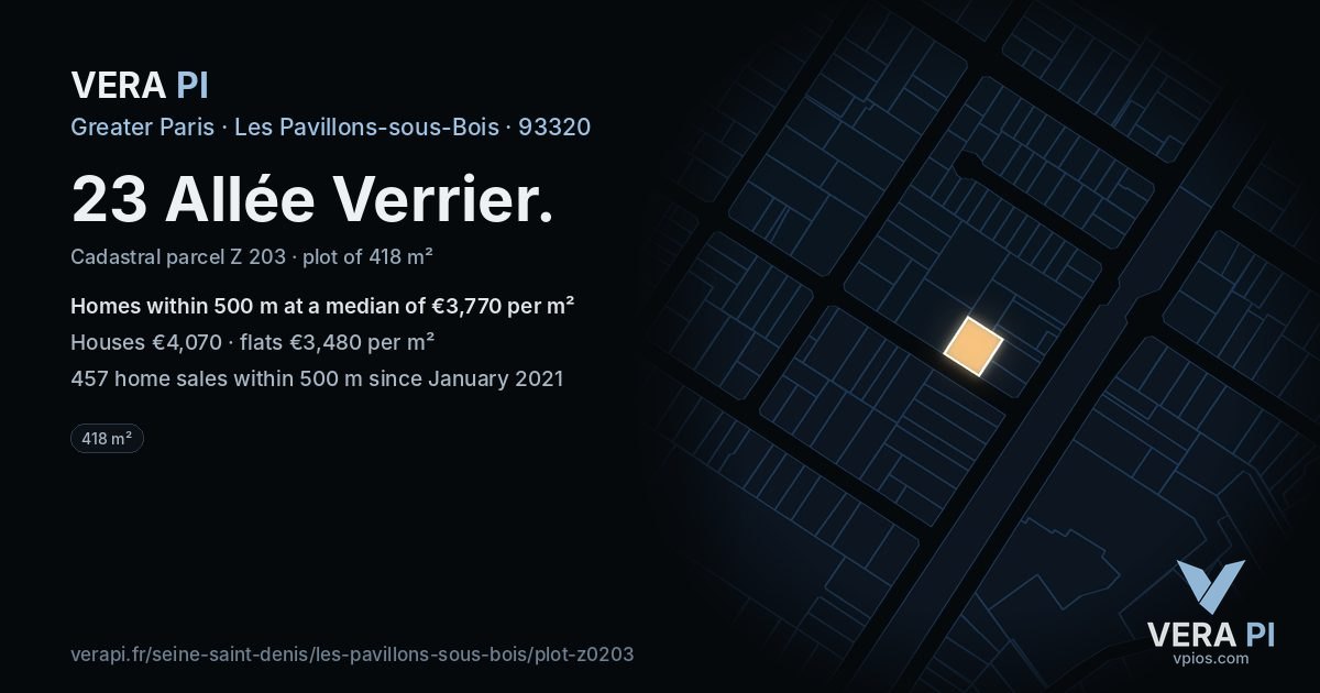 23 Allée Verrier, Les Pavillons-sous-Bois at night – the plot lit, the parcels around coloured by the prices near them