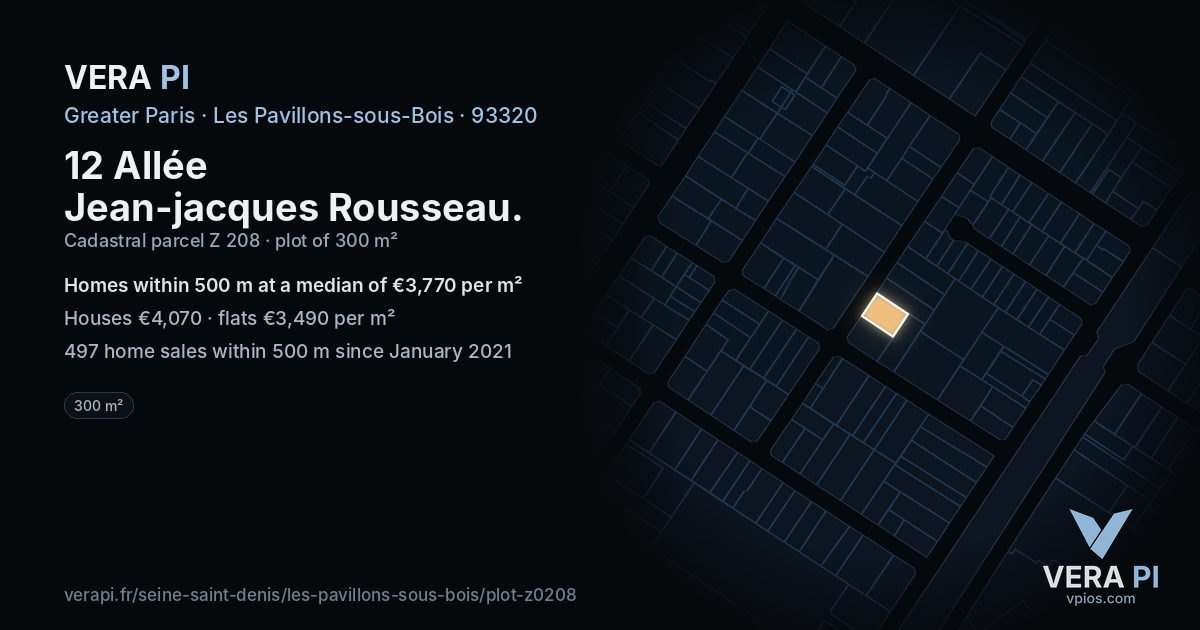 12 Allée Jean-jacques Rousseau, Les Pavillons-sous-Bois at night – the plot lit, the parcels around coloured by the prices near them