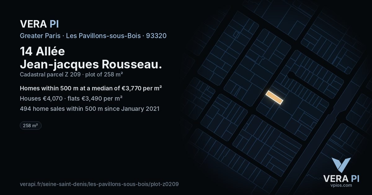 14 Allée Jean-jacques Rousseau, Les Pavillons-sous-Bois at night – the plot lit, the parcels around coloured by the prices near them