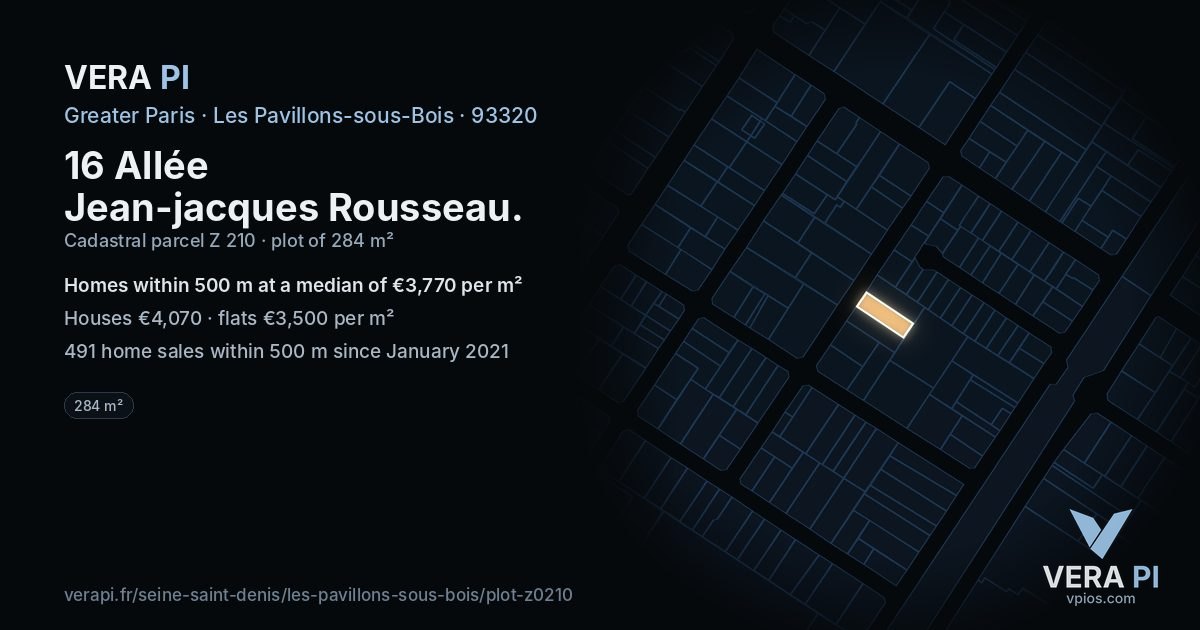 16 Allée Jean-jacques Rousseau, Les Pavillons-sous-Bois at night – the plot lit, the parcels around coloured by the prices near them
