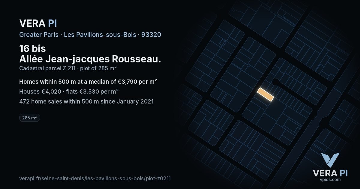 16 bis Allée Jean-jacques Rousseau, Les Pavillons-sous-Bois at night – the plot lit, the parcels around coloured by the prices near them