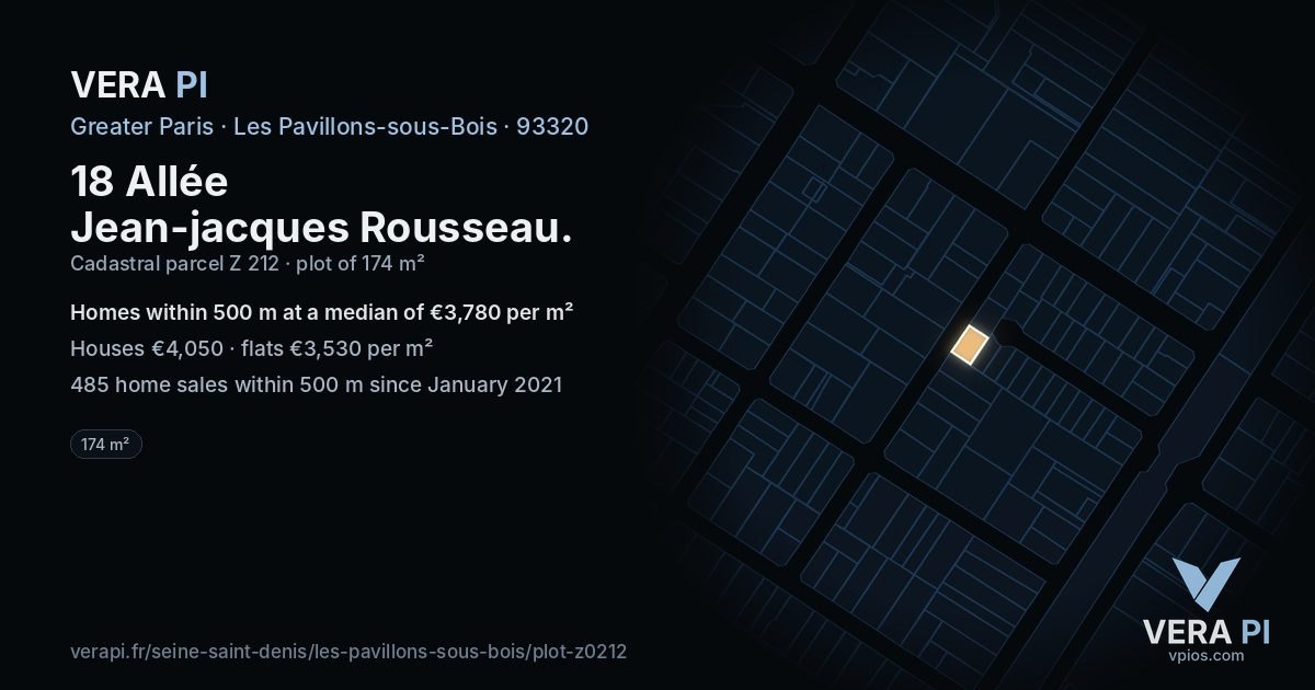 18 Allée Jean-jacques Rousseau, Les Pavillons-sous-Bois at night – the plot lit, the parcels around coloured by the prices near them