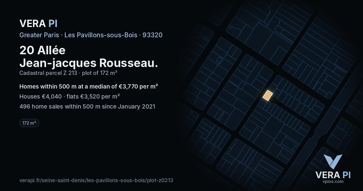 20 Allée Jean-jacques Rousseau, Les Pavillons-sous-Bois at night – the plot lit, the parcels around coloured by the prices near them