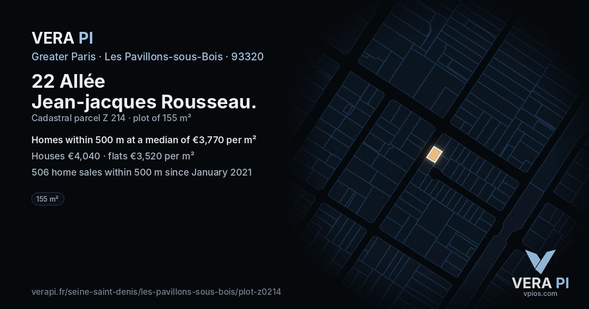 22 Allée Jean-jacques Rousseau, Les Pavillons-sous-Bois at night – the plot lit, the parcels around coloured by the prices near them