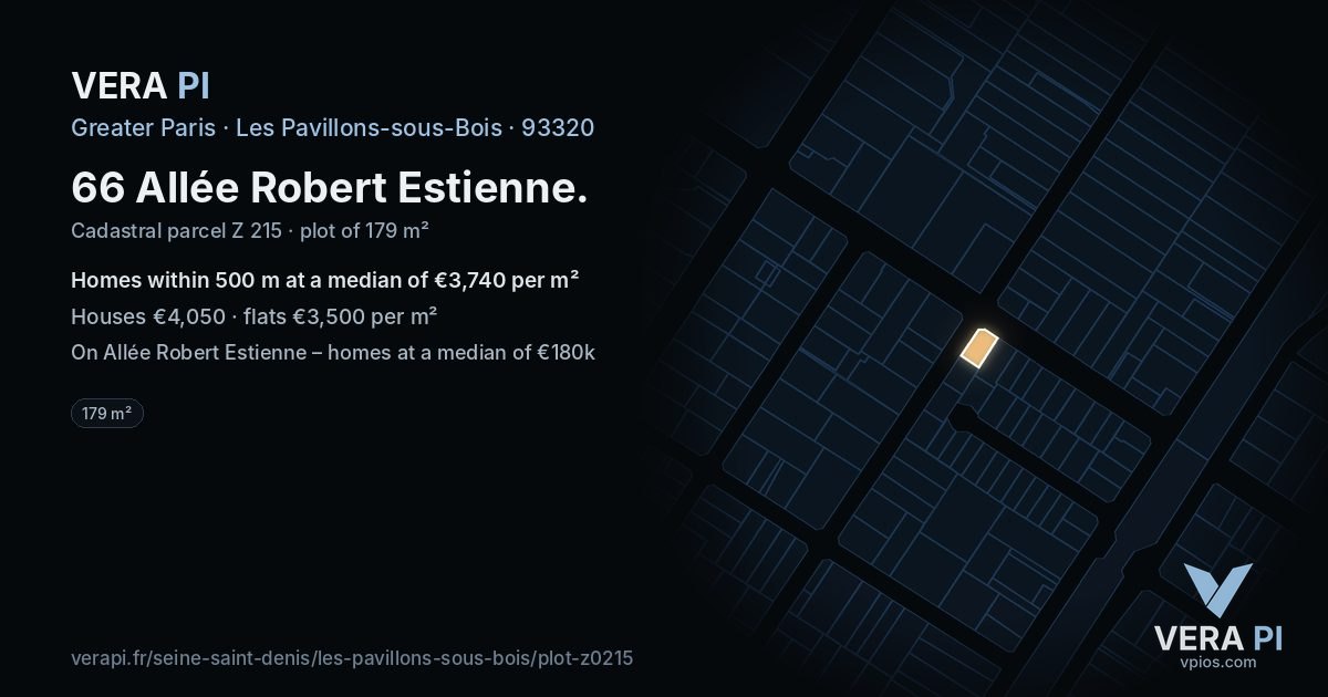 66 Allée Robert Estienne, Les Pavillons-sous-Bois at night – the plot lit, the parcels around coloured by the prices near them