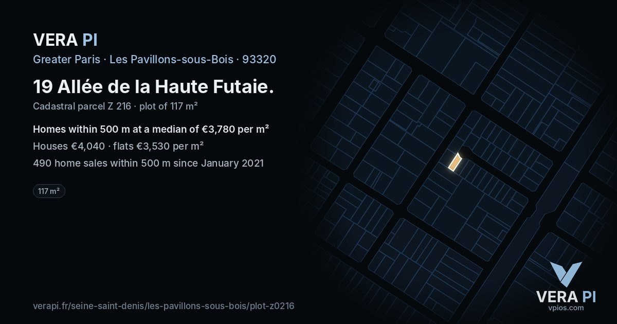 19 Allée de la Haute Futaie, Les Pavillons-sous-Bois at night – the plot lit, the parcels around coloured by the prices near them
