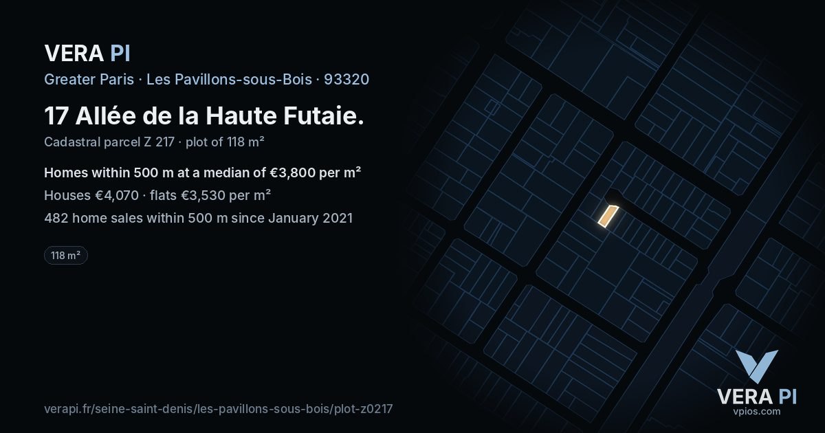 17 Allée de la Haute Futaie, Les Pavillons-sous-Bois at night – the plot lit, the parcels around coloured by the prices near them