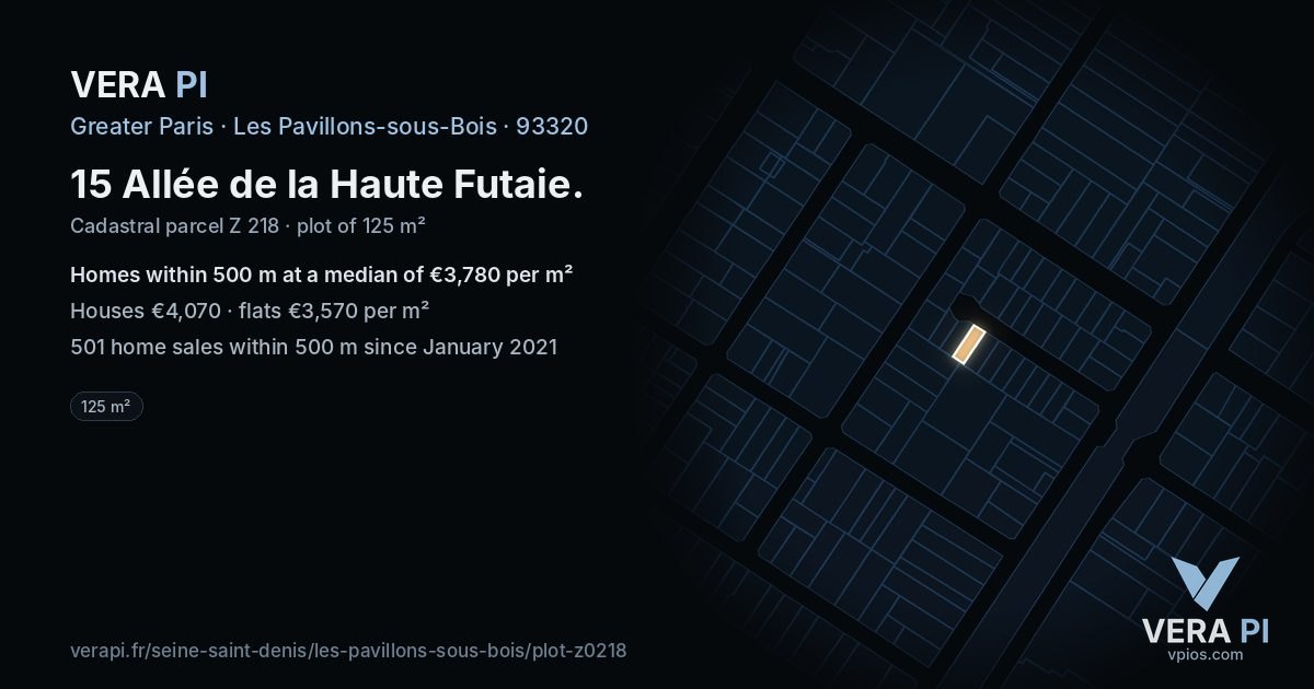 15 Allée de la Haute Futaie, Les Pavillons-sous-Bois at night – the plot lit, the parcels around coloured by the prices near them
