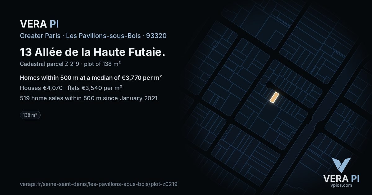 13 Allée de la Haute Futaie, Les Pavillons-sous-Bois at night – the plot lit, the parcels around coloured by the prices near them