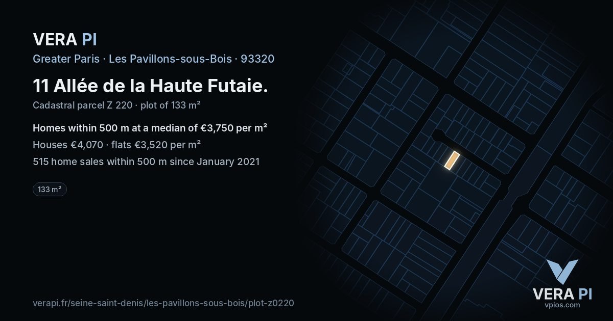 11 Allée de la Haute Futaie, Les Pavillons-sous-Bois at night – the plot lit, the parcels around coloured by the prices near them