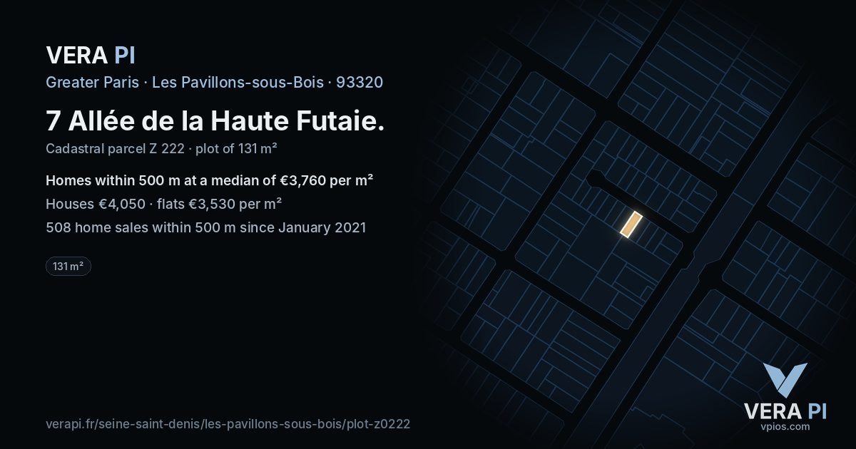 7 Allée de la Haute Futaie, Les Pavillons-sous-Bois at night – the plot lit, the parcels around coloured by the prices near them