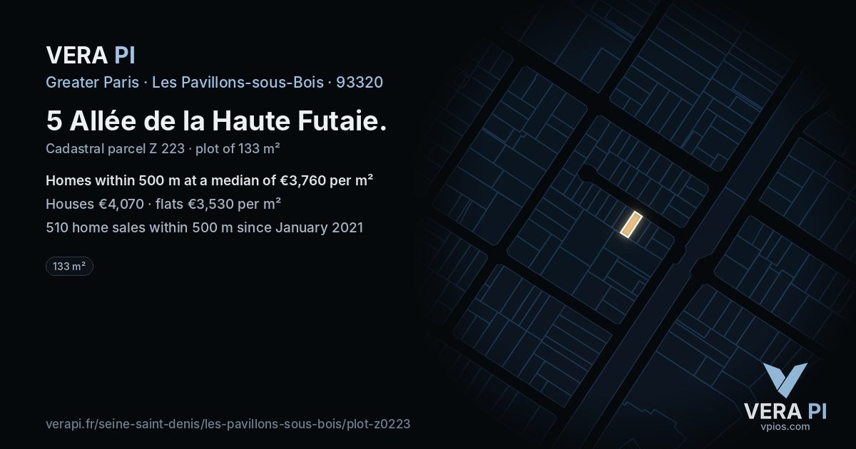 5 Allée de la Haute Futaie, Les Pavillons-sous-Bois at night – the plot lit, the parcels around coloured by the prices near them
