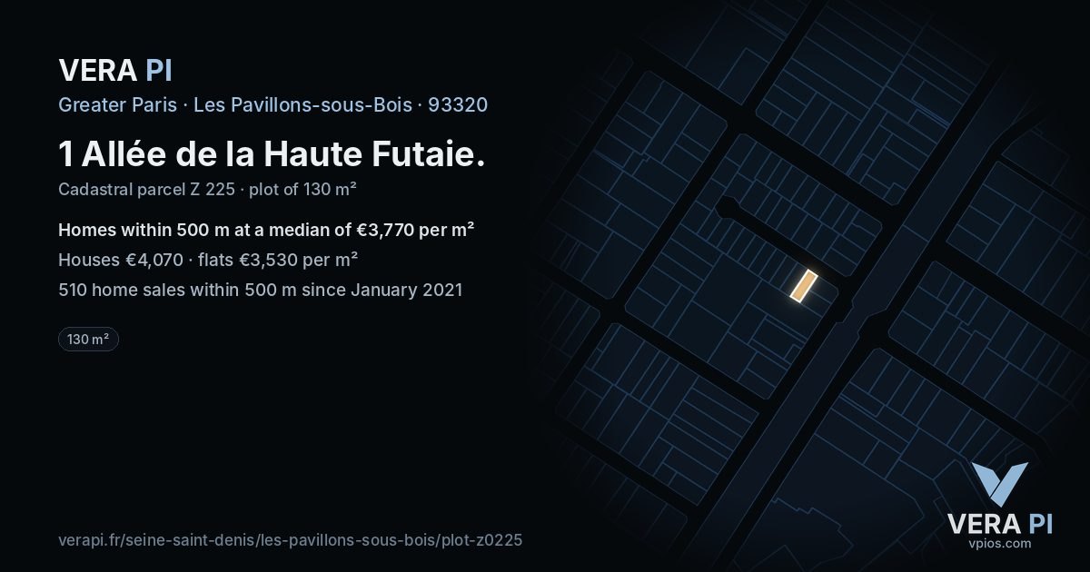 1 Allée de la Haute Futaie, Les Pavillons-sous-Bois at night – the plot lit, the parcels around coloured by the prices near them