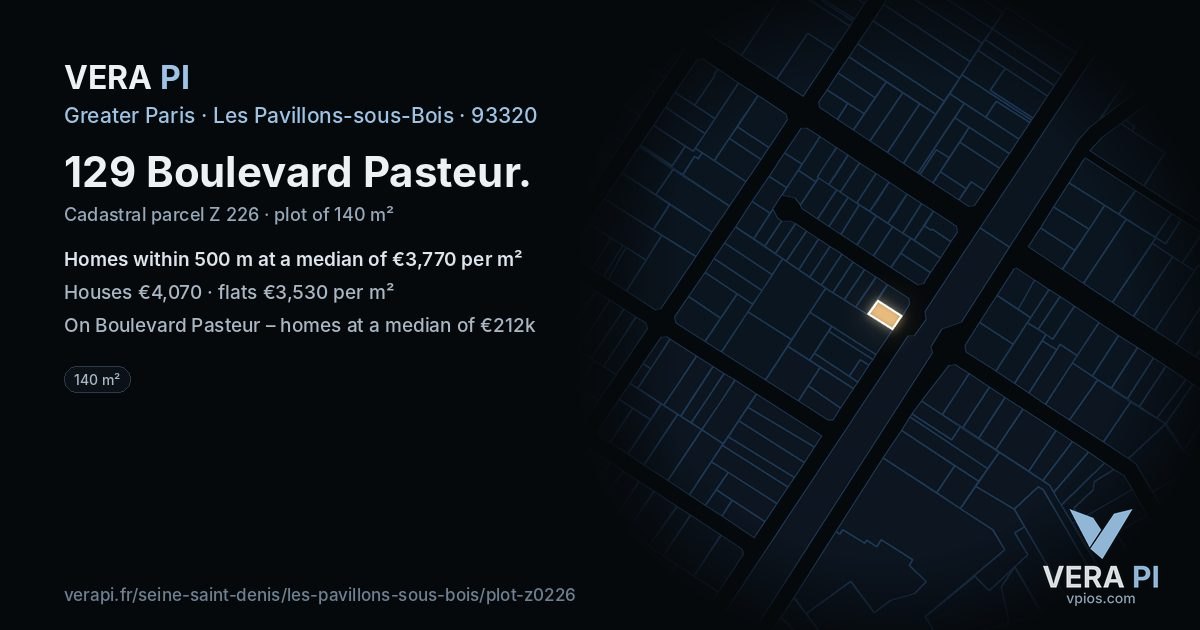 129 Boulevard Pasteur, Les Pavillons-sous-Bois at night – the plot lit, the parcels around coloured by the prices near them