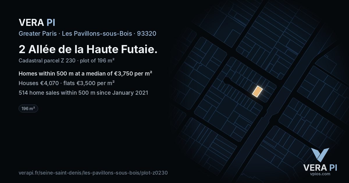 2 Allée de la Haute Futaie, Les Pavillons-sous-Bois at night – the plot lit, the parcels around coloured by the prices near them