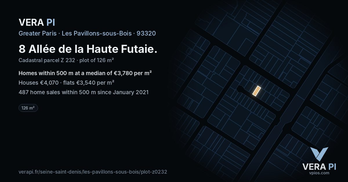 8 Allée de la Haute Futaie, Les Pavillons-sous-Bois at night – the plot lit, the parcels around coloured by the prices near them