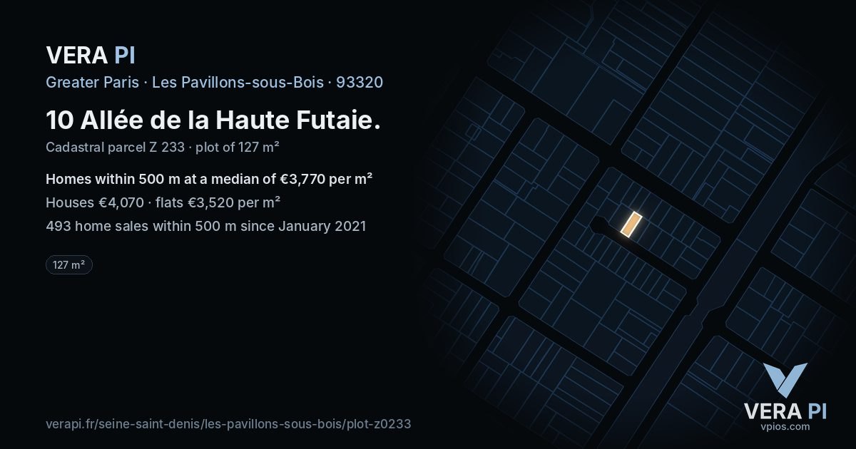 10 Allée de la Haute Futaie, Les Pavillons-sous-Bois at night – the plot lit, the parcels around coloured by the prices near them