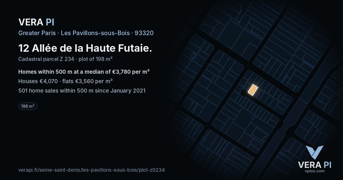 12 Allée de la Haute Futaie, Les Pavillons-sous-Bois at night – the plot lit, the parcels around coloured by the prices near them