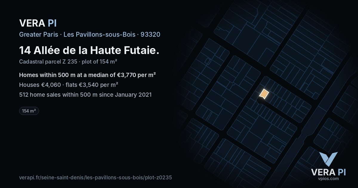 14 Allée de la Haute Futaie, Les Pavillons-sous-Bois at night – the plot lit, the parcels around coloured by the prices near them