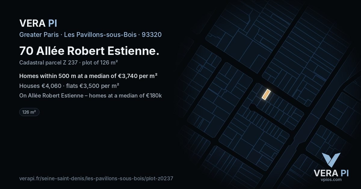 70 Allée Robert Estienne, Les Pavillons-sous-Bois at night – the plot lit, the parcels around coloured by the prices near them