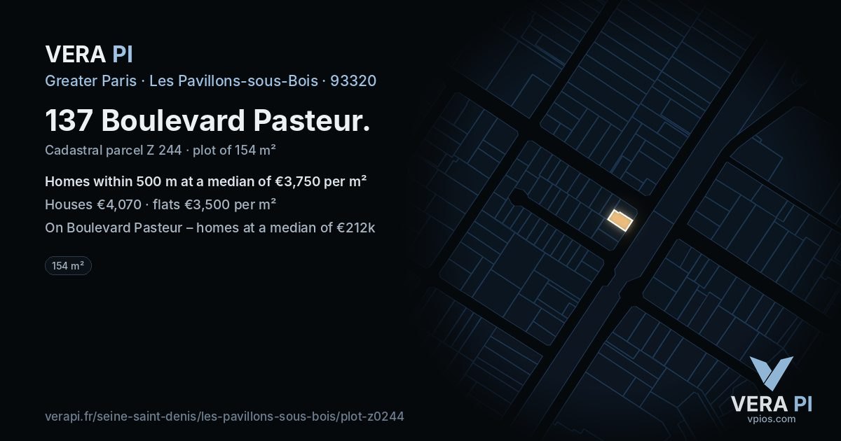 137 Boulevard Pasteur, Les Pavillons-sous-Bois at night – the plot lit, the parcels around coloured by the prices near them