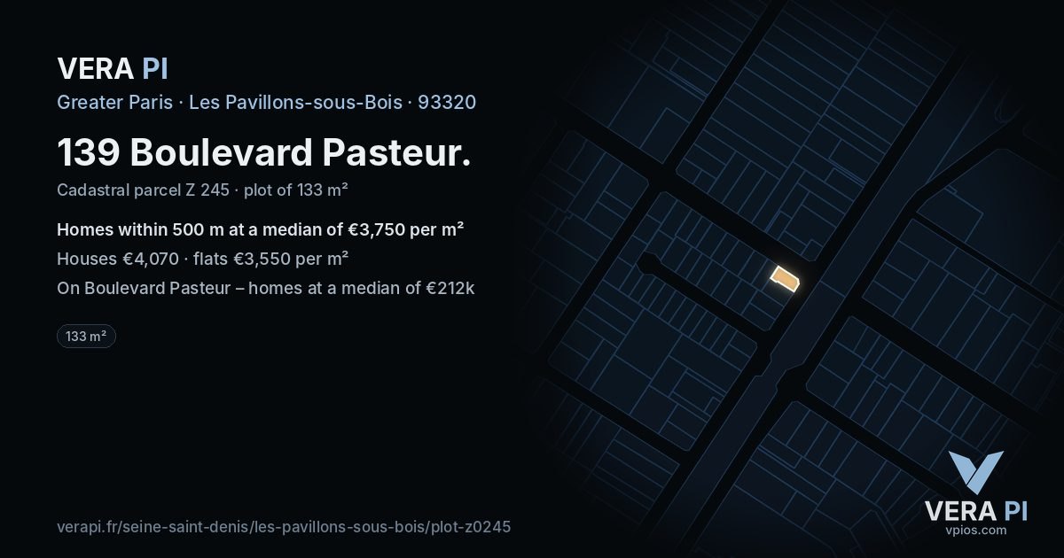 139 Boulevard Pasteur, Les Pavillons-sous-Bois at night – the plot lit, the parcels around coloured by the prices near them