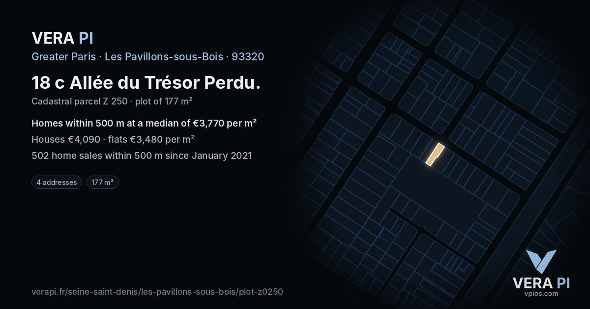 18 c Allée du Trésor Perdu, Les Pavillons-sous-Bois at night – the plot lit, the parcels around coloured by the prices near them