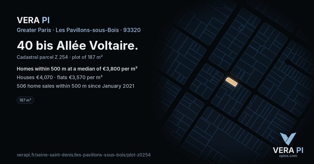 40 bis Allée Voltaire, Les Pavillons-sous-Bois at night – the plot lit, the parcels around coloured by the prices near them