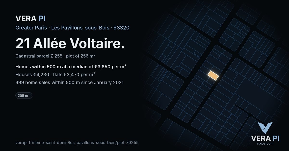 21 Allée Voltaire, Les Pavillons-sous-Bois at night – the plot lit, the parcels around coloured by the prices near them
