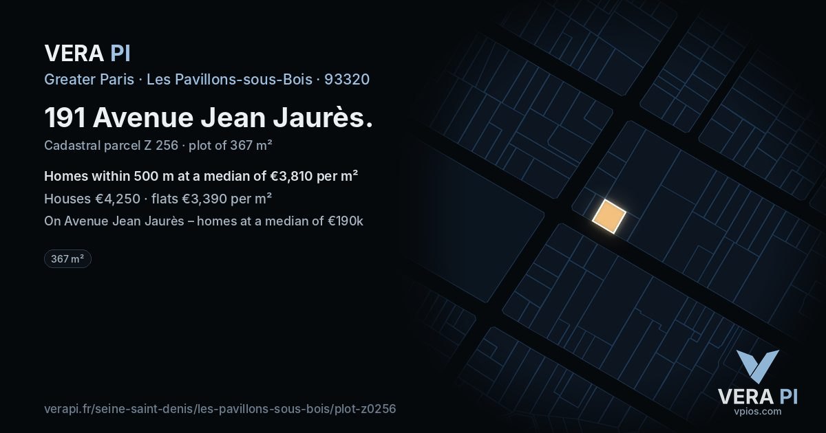 191 Avenue Jean Jaurès, Les Pavillons-sous-Bois at night – the plot lit, the parcels around coloured by the prices near them