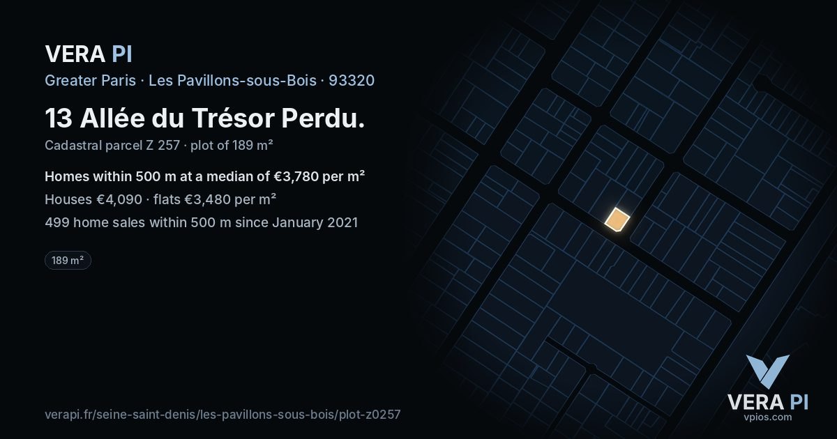 13 Allée du Trésor Perdu, Les Pavillons-sous-Bois at night – the plot lit, the parcels around coloured by the prices near them