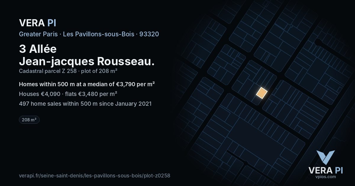 3 Allée Jean-jacques Rousseau, Les Pavillons-sous-Bois at night – the plot lit, the parcels around coloured by the prices near them