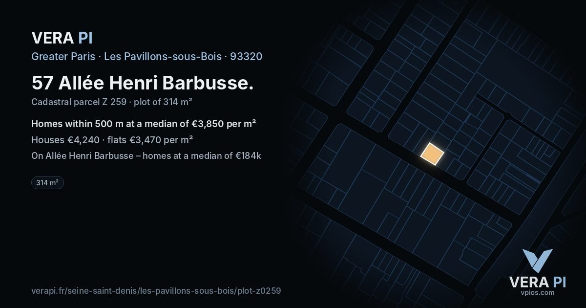 57 Allée Henri Barbusse, Les Pavillons-sous-Bois at night – the plot lit, the parcels around coloured by the prices near them