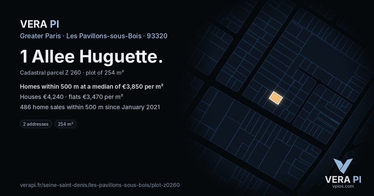 1 Allee Huguette, Les Pavillons-sous-Bois at night – the plot lit, the parcels around coloured by the prices near them