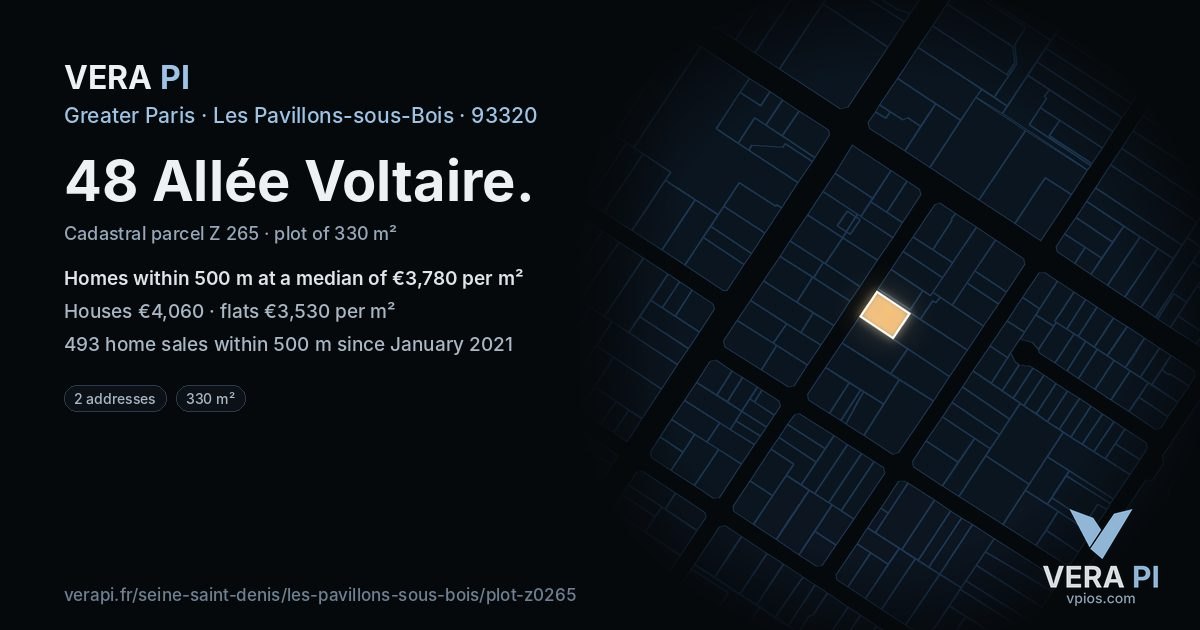 48 Allée Voltaire, Les Pavillons-sous-Bois at night – the plot lit, the parcels around coloured by the prices near them