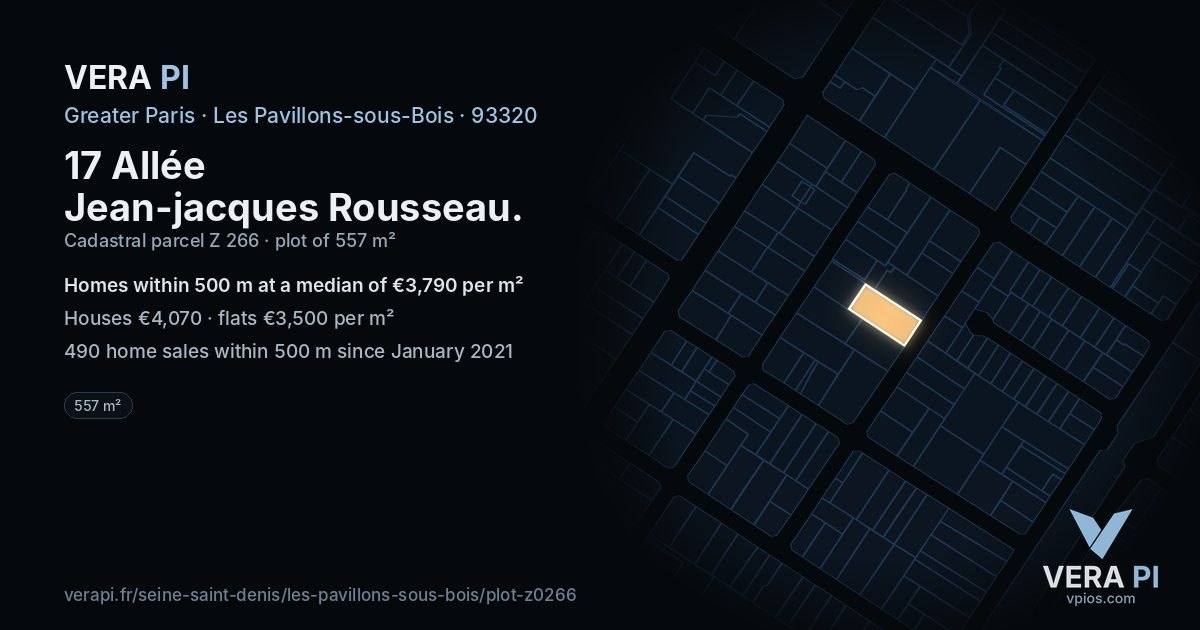 17 Allée Jean-jacques Rousseau, Les Pavillons-sous-Bois at night – the plot lit, the parcels around coloured by the prices near them