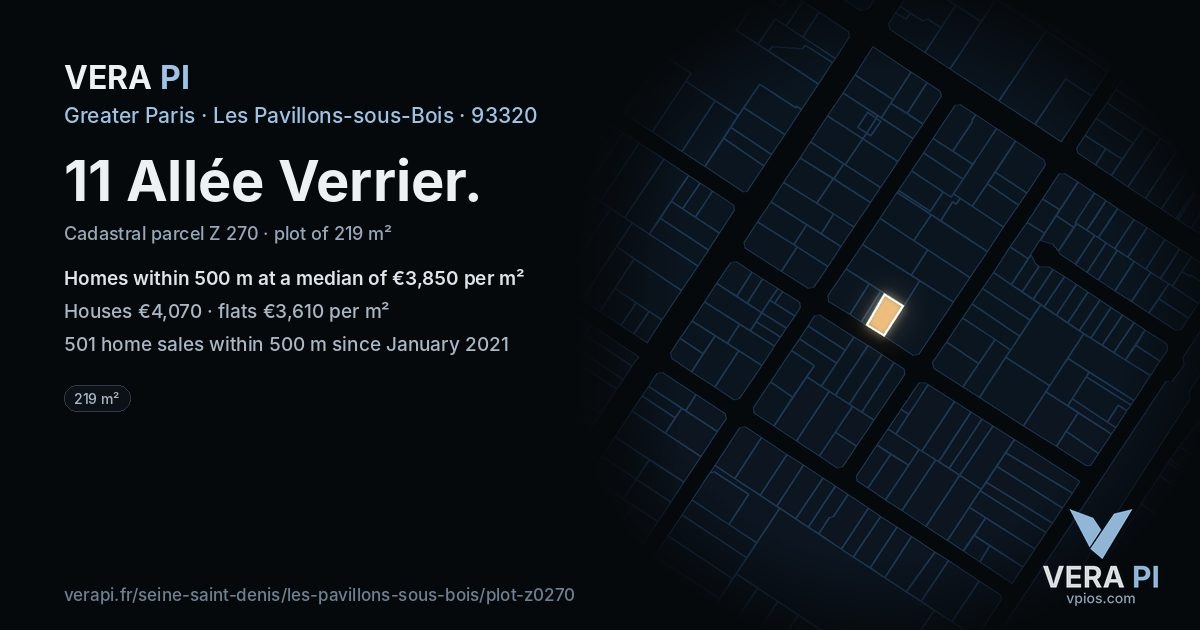 11 Allée Verrier, Les Pavillons-sous-Bois at night – the plot lit, the parcels around coloured by the prices near them