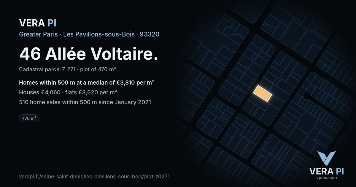 46 Allée Voltaire, Les Pavillons-sous-Bois at night – the plot lit, the parcels around coloured by the prices near them