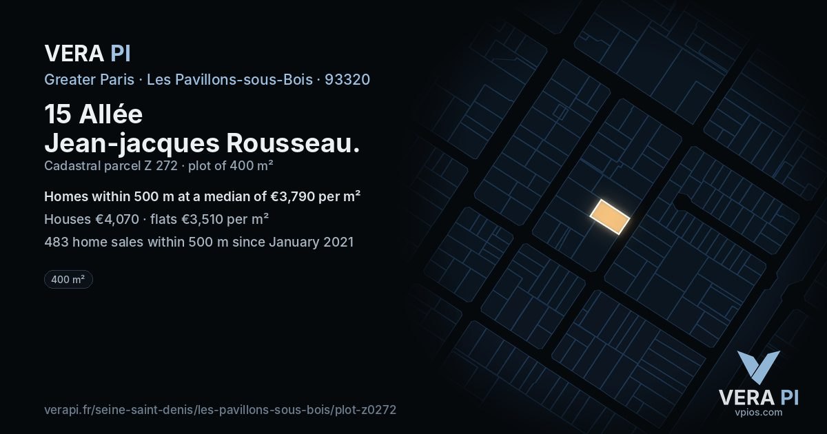 15 Allée Jean-jacques Rousseau, Les Pavillons-sous-Bois at night – the plot lit, the parcels around coloured by the prices near them